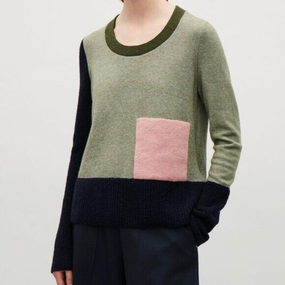 COS color block green/blue/pink wool knit Sweater Sz XS front pocket